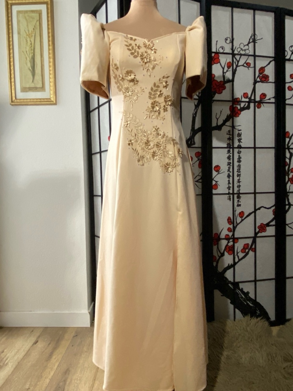Elegant Filipiniana Cream Embroidered Evening Neoprene Gown